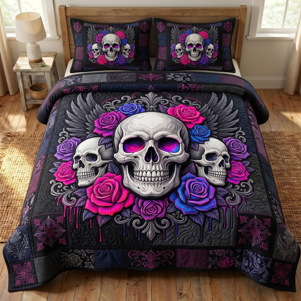 Floral Skull quilted 3-piece bedding set on a made bed against a dark styled interior