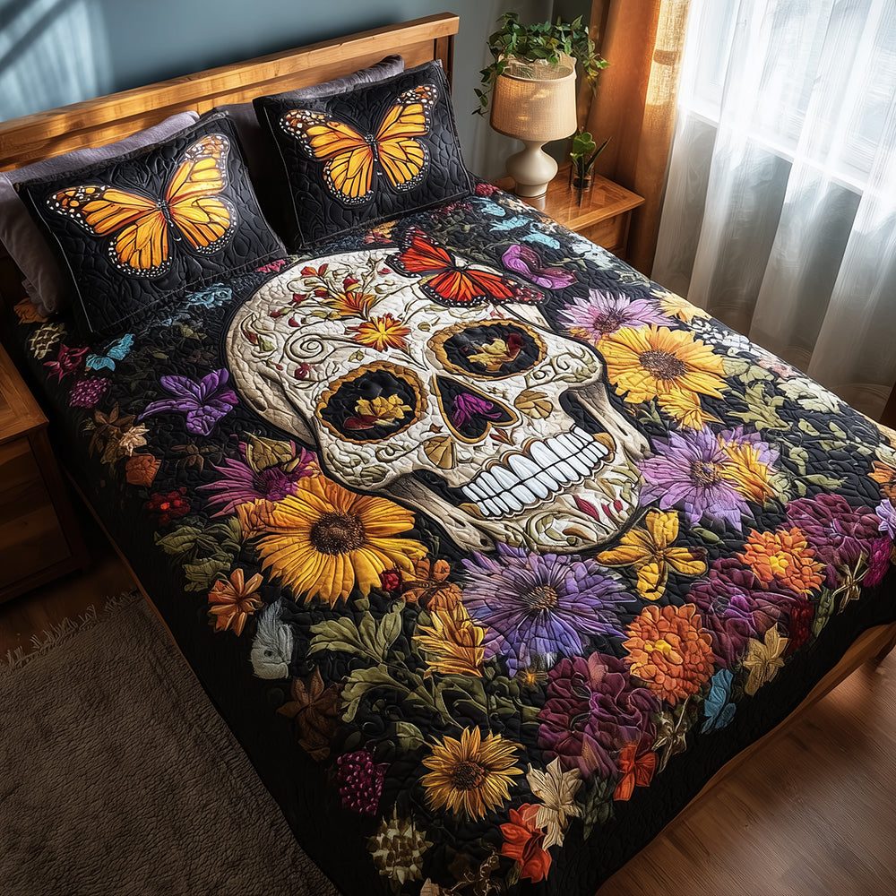 Floral Skull quilted 3-piece bedding set on a made bed against a dark styled interior
