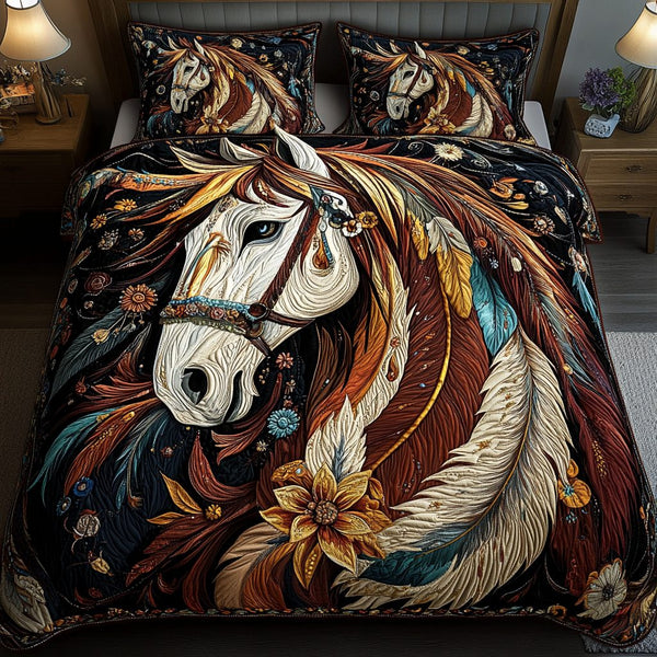 Floral Stallion quilted 3-piece bedding set on a made bed in a rustic timber bedroom