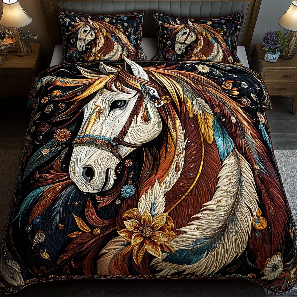Floral Stallion quilted 3-piece bedding set on a made bed in a rustic timber bedroom