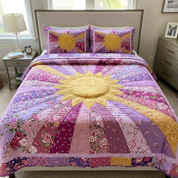 Floral Sunburst quilted 3-piece bedding set on a made bed with two matching pillow shams