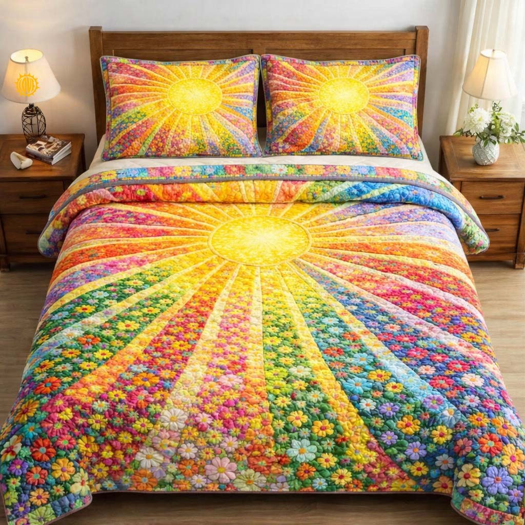 Floral Sunburst quilted 3-piece bedding set on a made bed with two matching pillow shams