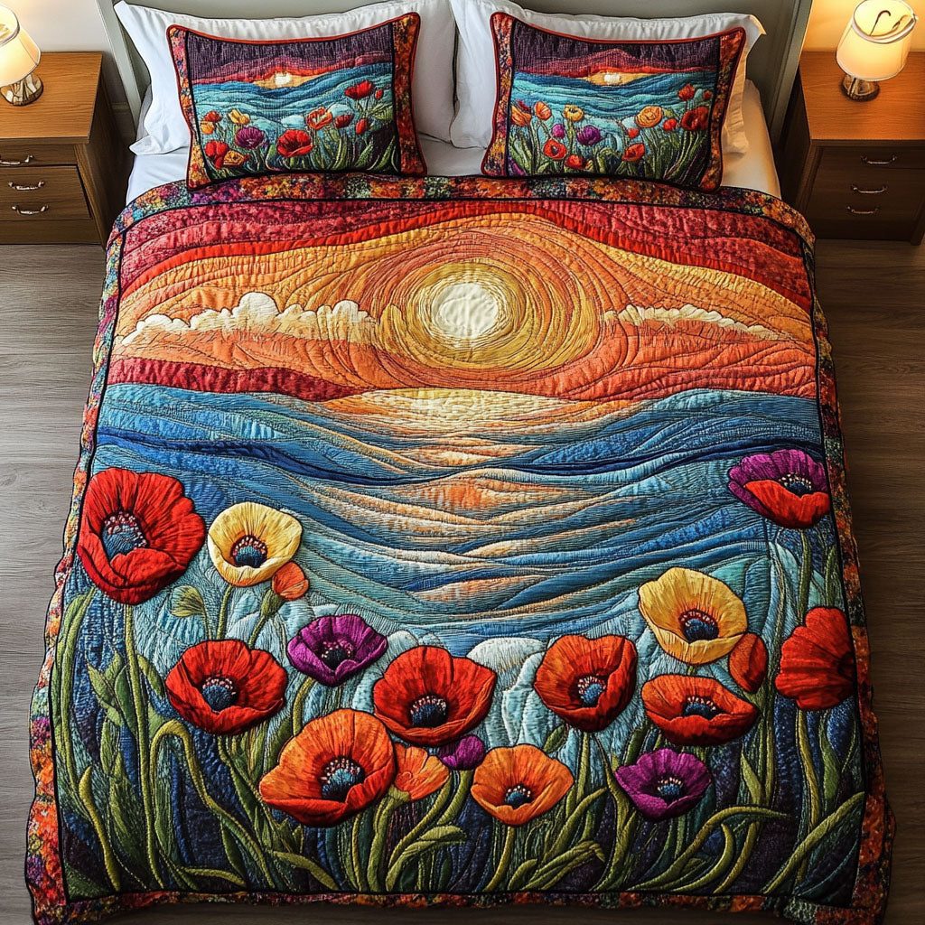 Floral Sunset quilted 3-piece bedding set on a made bed with two matching pillow shams