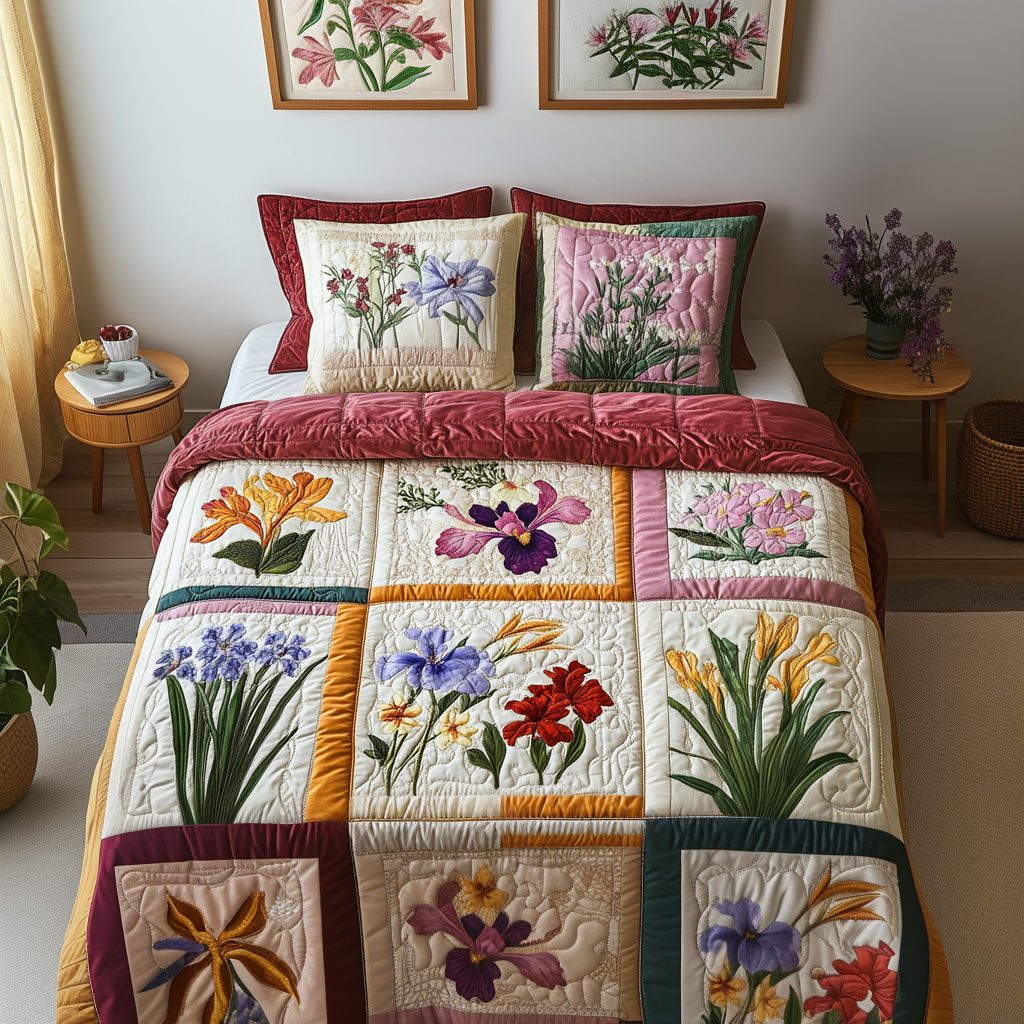 Floral Symphony quilted 3-piece bedding set on a made bed with two matching pillow shams