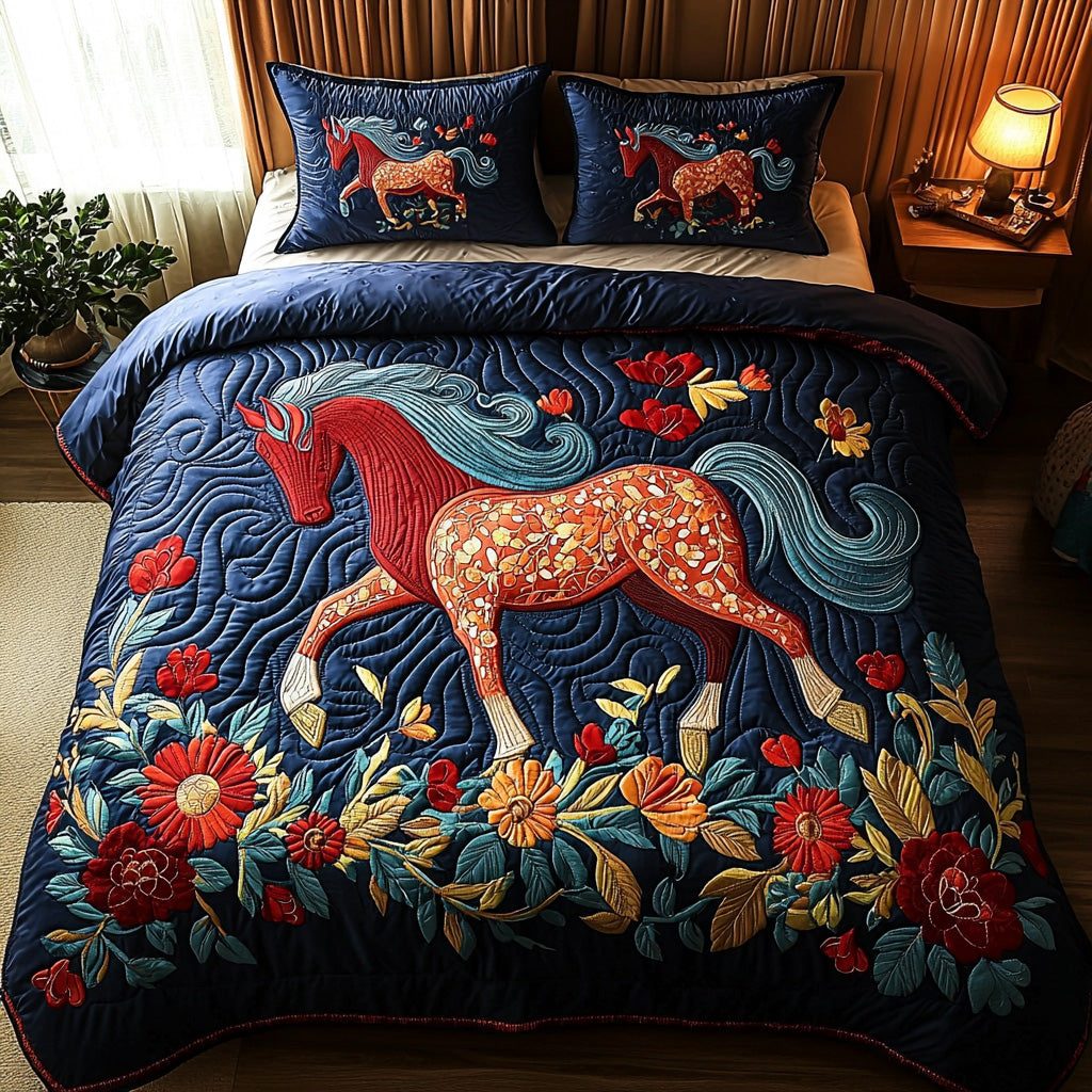Floral Trot quilted 3-piece bedding set on a made bed with two matching pillow shams