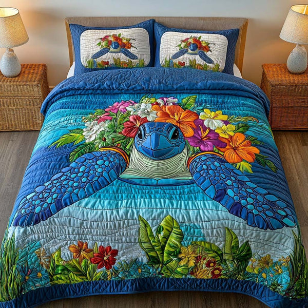 Floral Turtle quilted 3-piece bedding set on a made bed in a light coastal bedroom
