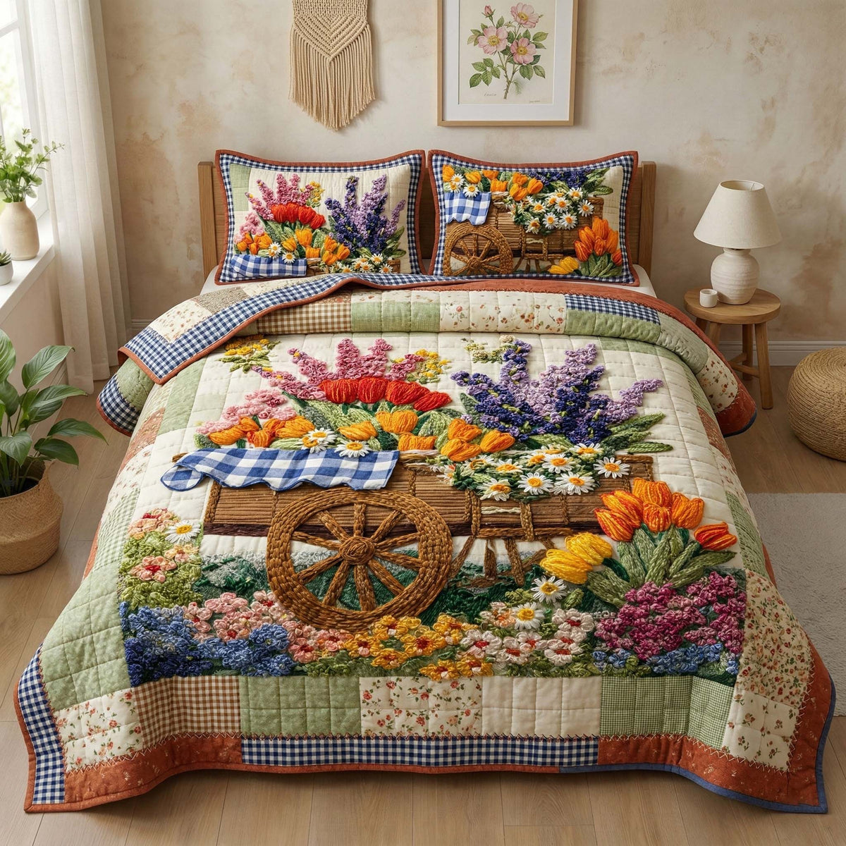 Floral Wagon quilted 3-piece bedding set on a made bed with two matching pillow shams