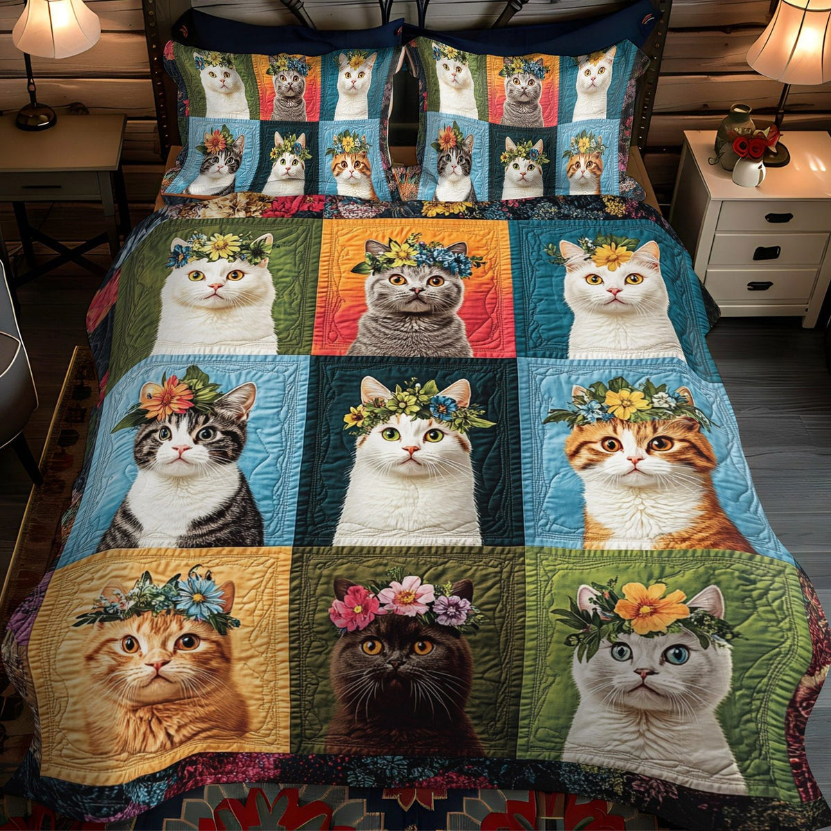 Floral Whiskers quilted 3-piece bedding set on a made bed with two matching pillow shams