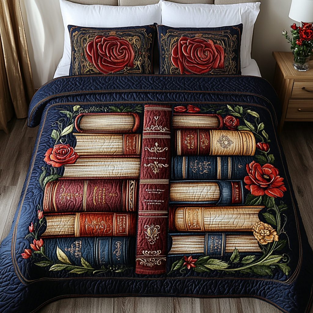 Floral Wisdom quilted 3-piece bedding set on a made bed with two matching pillow shams