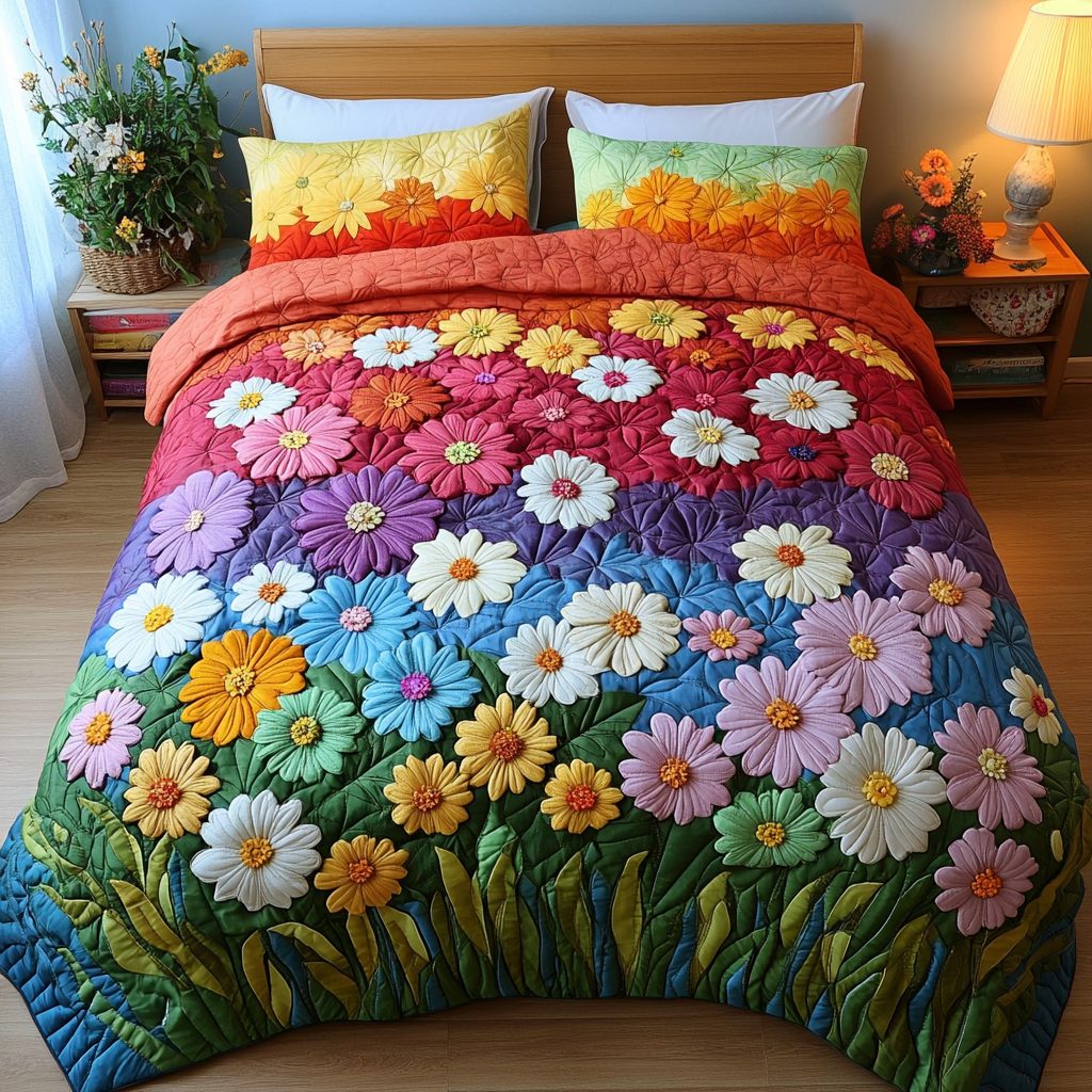 Flower Bliss quilted 3-piece bedding set on a made bed with two matching pillow shams