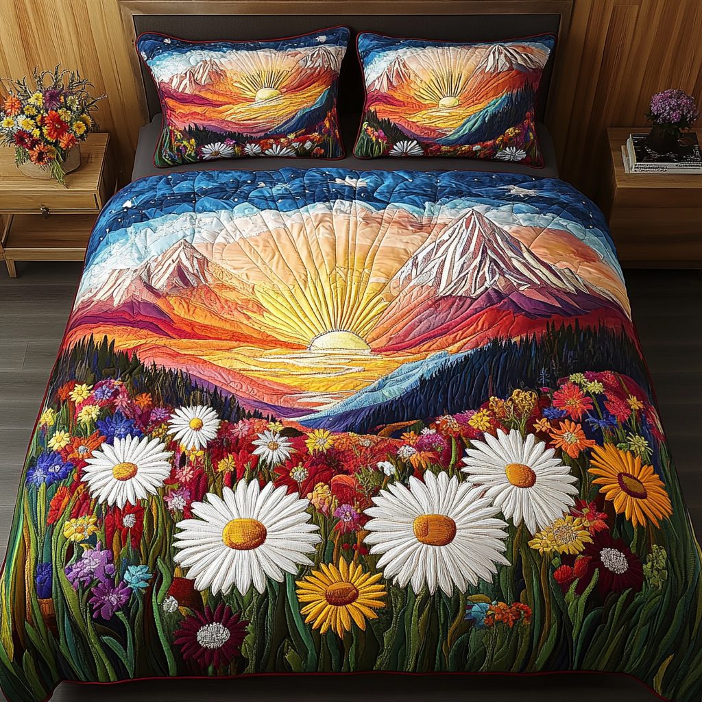 Flower Burst quilted 3-piece bedding set on a made bed with two matching pillow shams