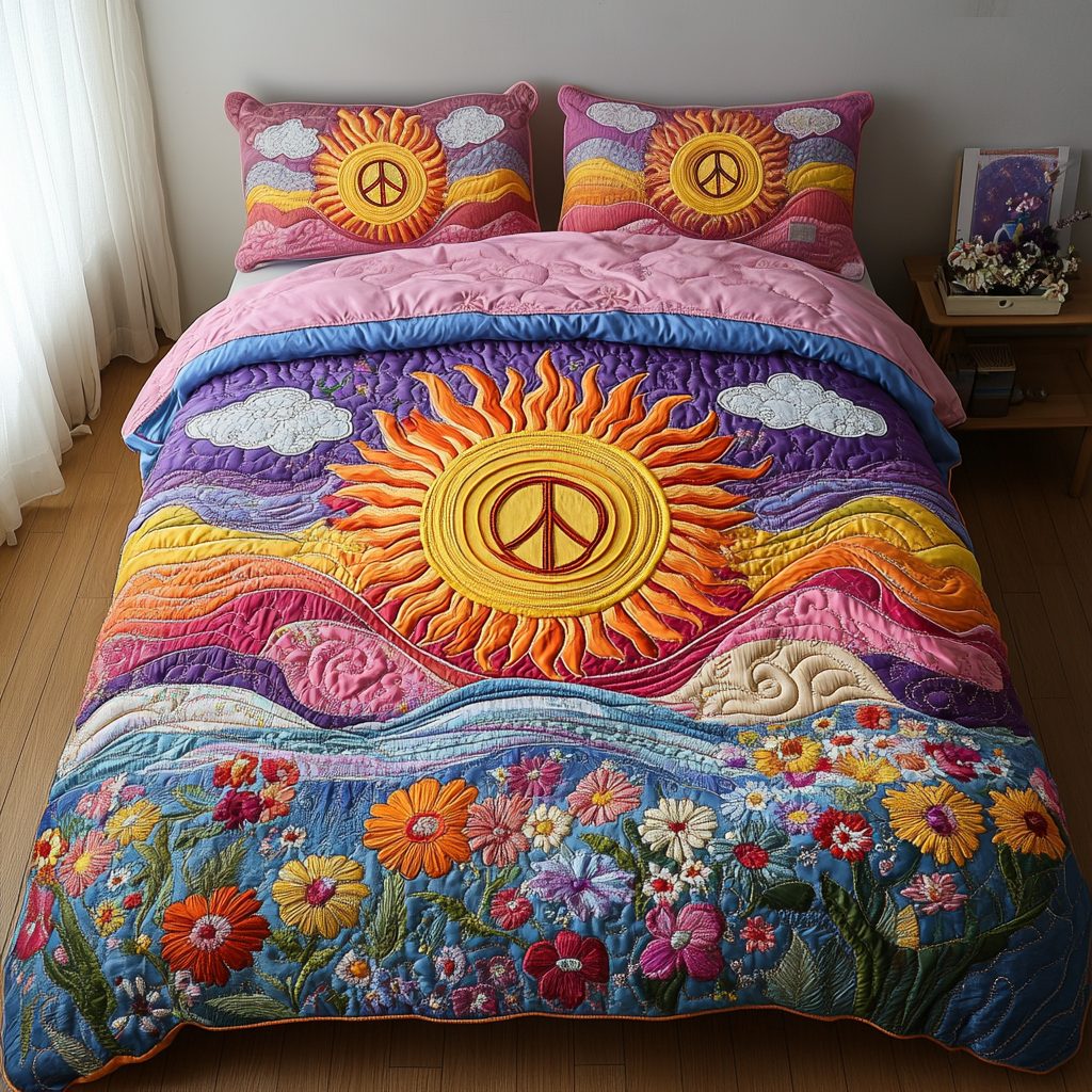 Flower Child quilted 3-piece bedding set on a made bed with two matching pillow shams