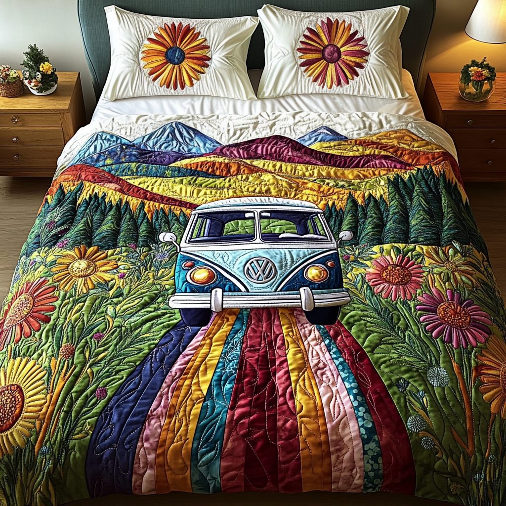 Flower Drive quilted 3-piece bedding set on a made bed with two matching pillow shams