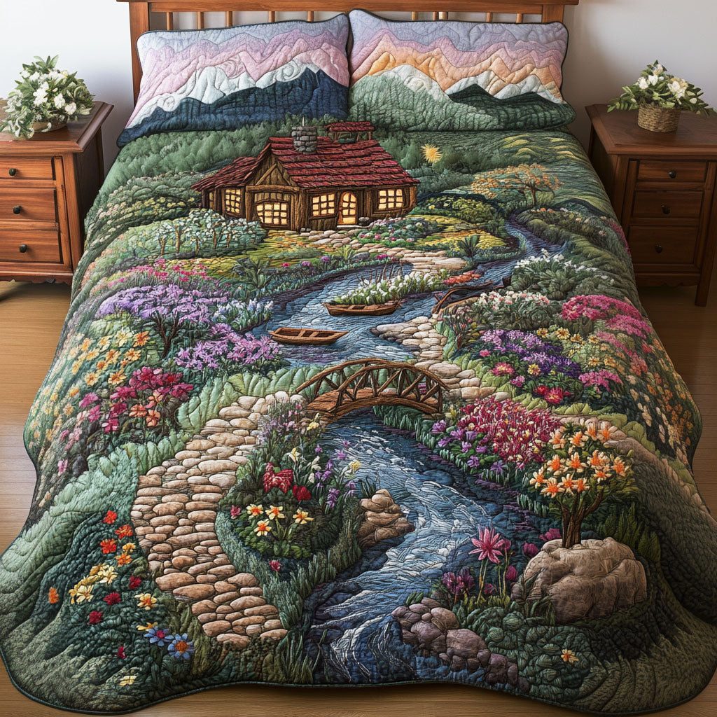 Flower Garden Charm quilted 3-piece bedding set on a made bed with two matching pillow shams