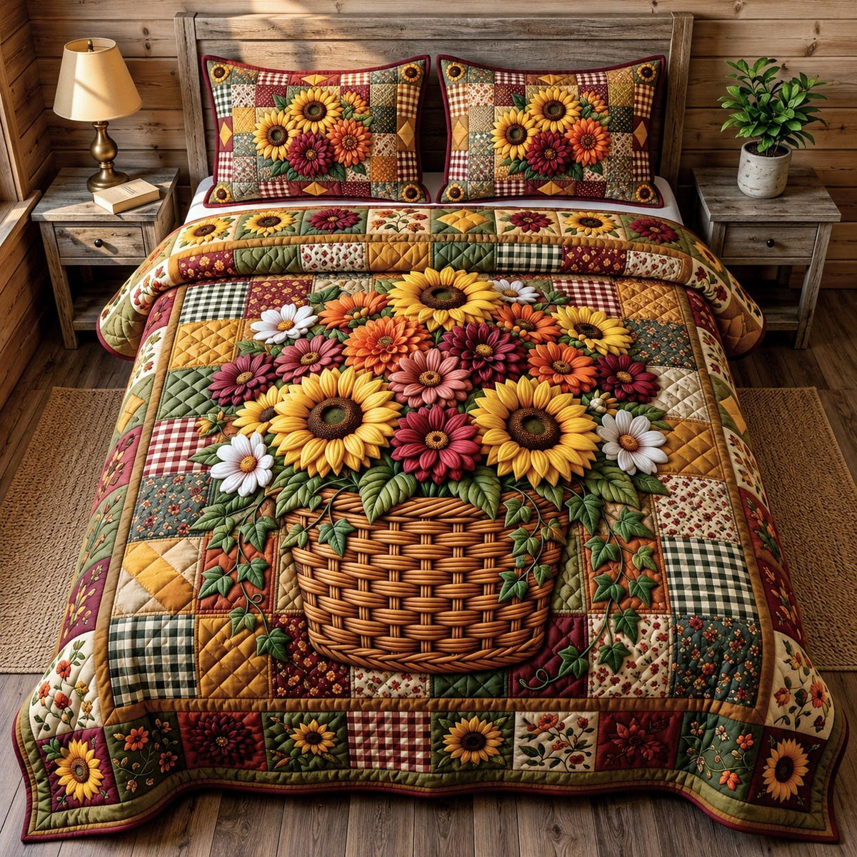 Flower Garden quilted 3-piece bedding set on a made bed with two matching pillow shams