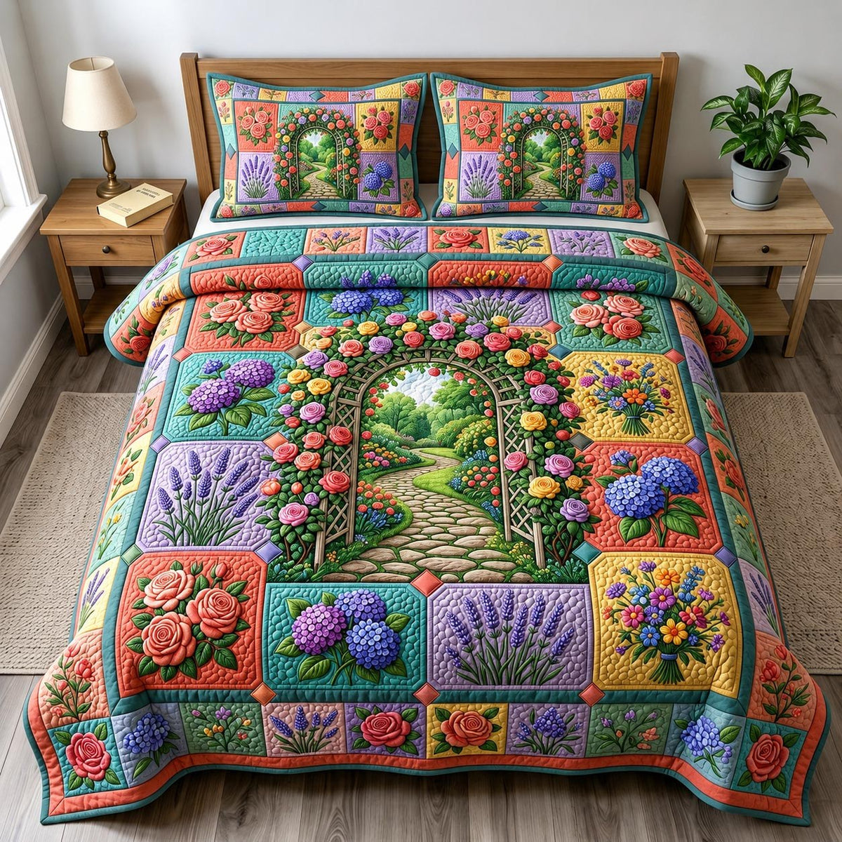 Flower Garden quilted 3-piece bedding set on a made bed with two matching pillow shams