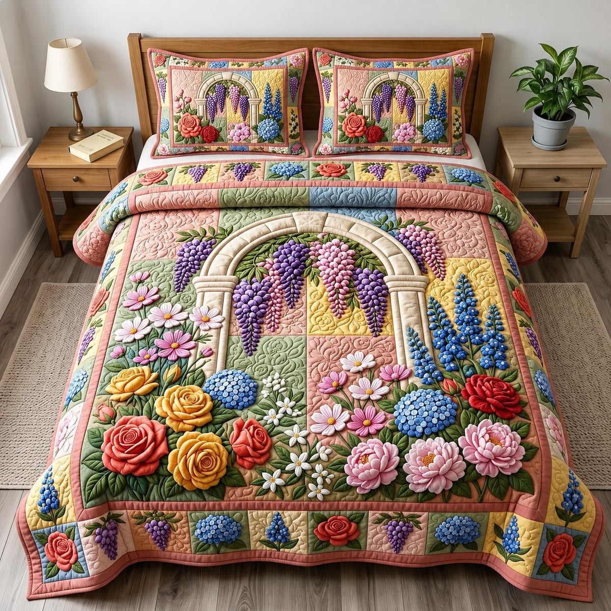 Flower Garden quilted 3-piece bedding set on a made bed with two matching pillow shams
