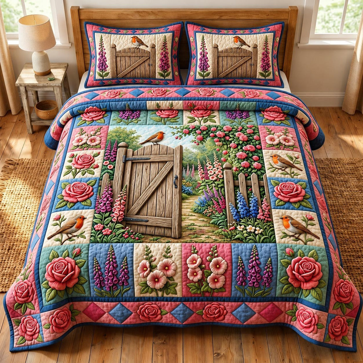 Flower Garden quilted 3-piece bedding set on a made bed with two matching pillow shams