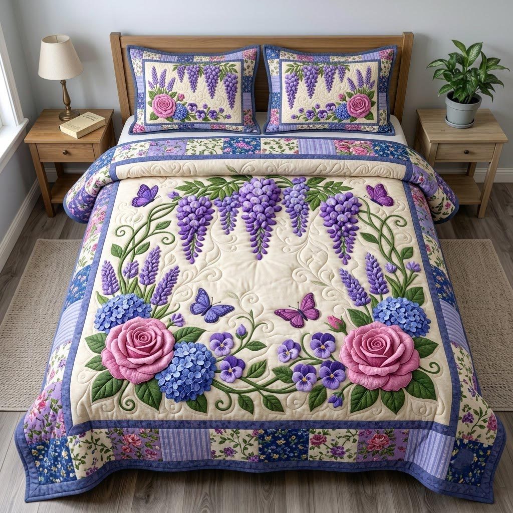 Flower Garden quilted 3-piece bedding set on a made bed with two matching pillow shams
