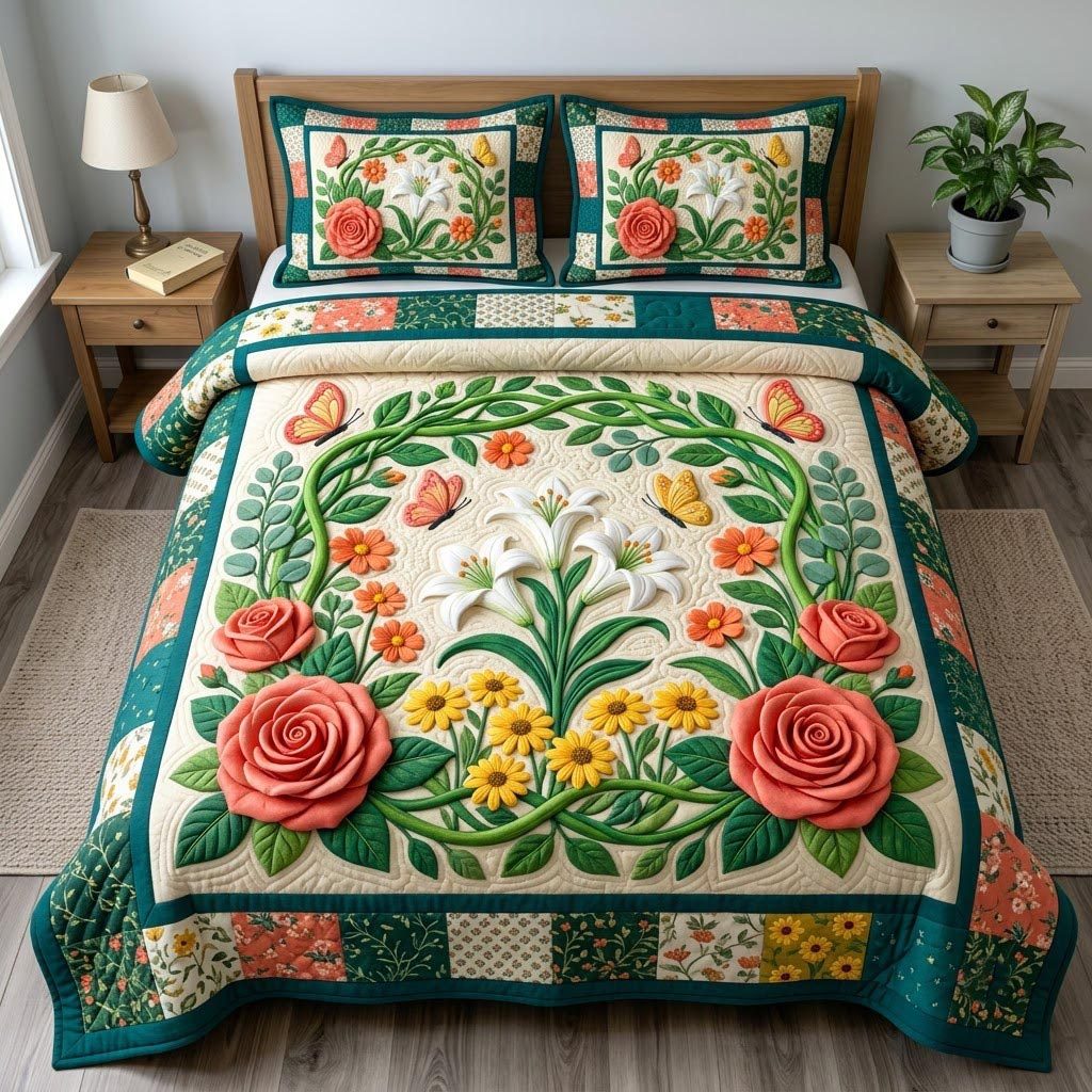 Flower Garden quilted 3-piece bedding set on a made bed with two matching pillow shams