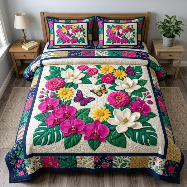 Flower Garden quilted 3-piece bedding set on a made bed with two matching pillow shams