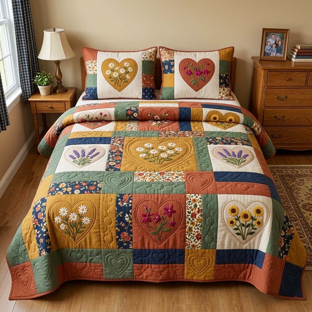 Flower Patchwork quilted 3-piece bedding set on a made bed in a farmhouse bedroom