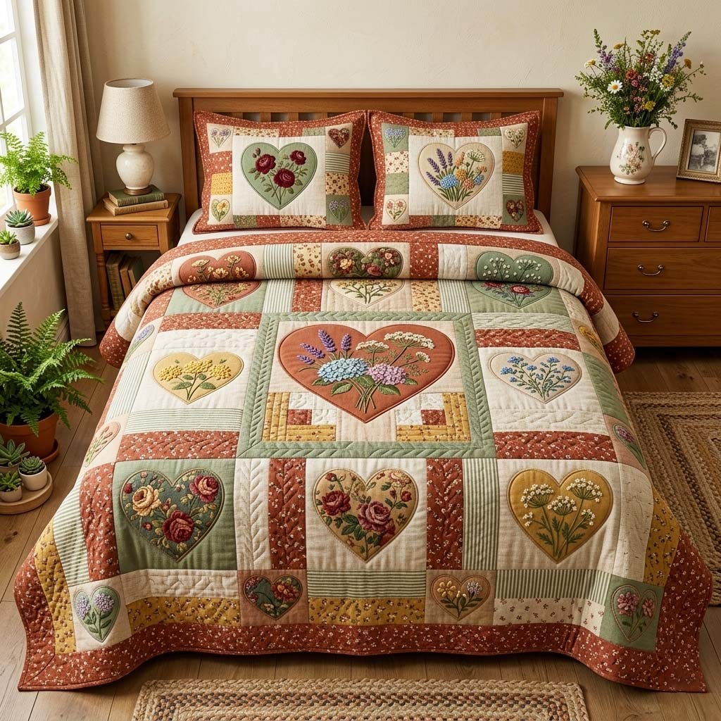 Flower Patchwork quilted 3-piece bedding set on a made bed in a farmhouse bedroom