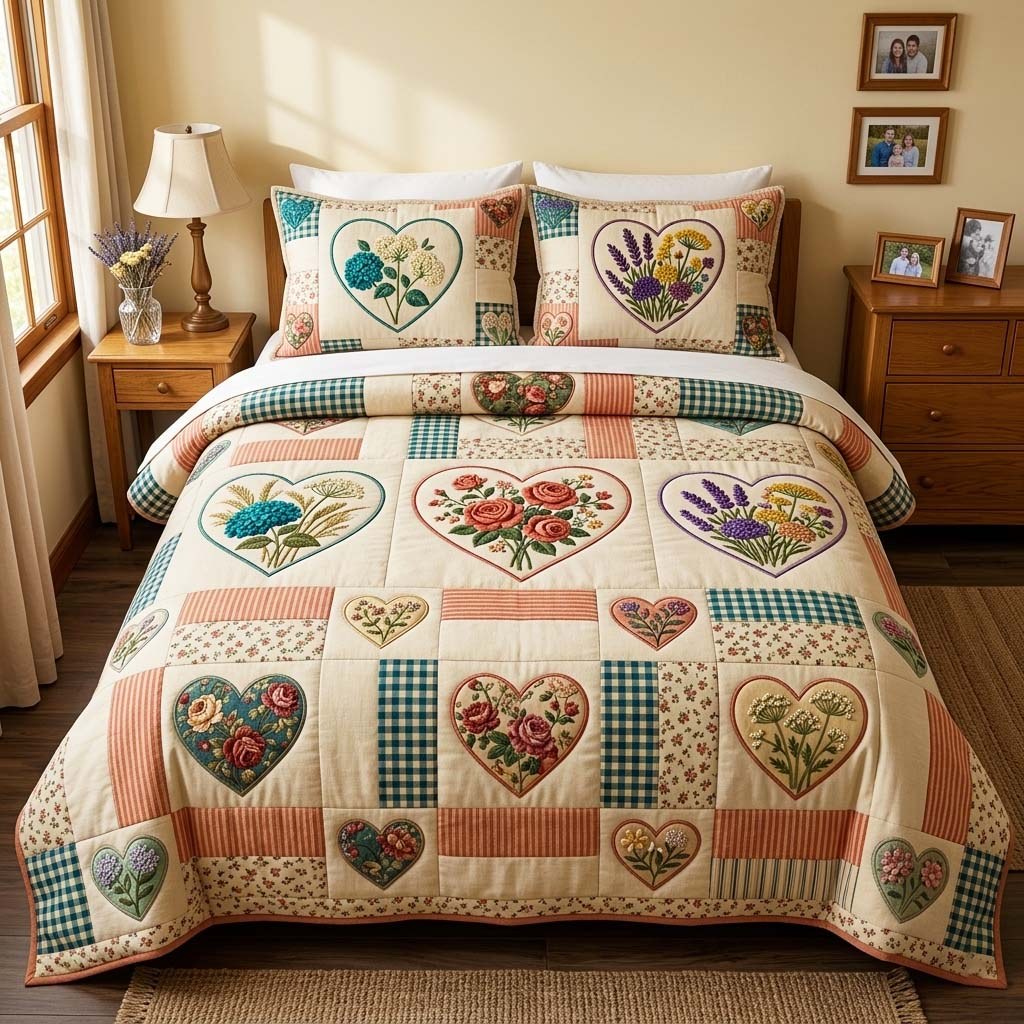 Flower Patchwork quilted 3-piece bedding set on a made bed in a farmhouse bedroom