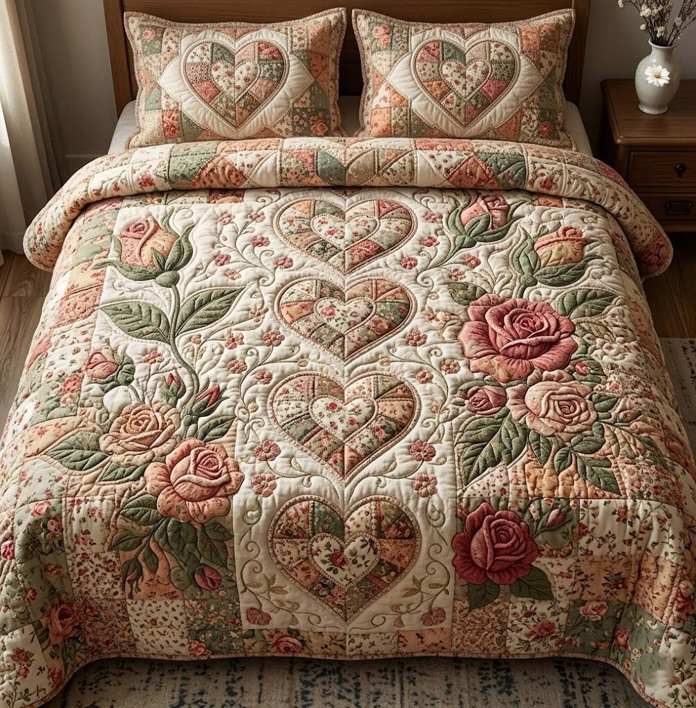 Flower Patchwork quilted 3-piece bedding set on a made bed in a farmhouse bedroom