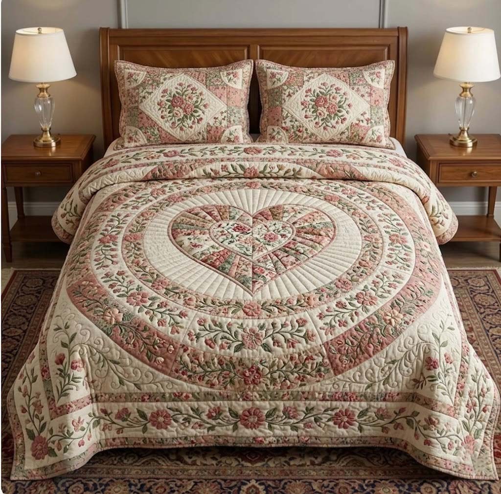 Flower Patchwork quilted 3-piece bedding set on a made bed in a farmhouse bedroom
