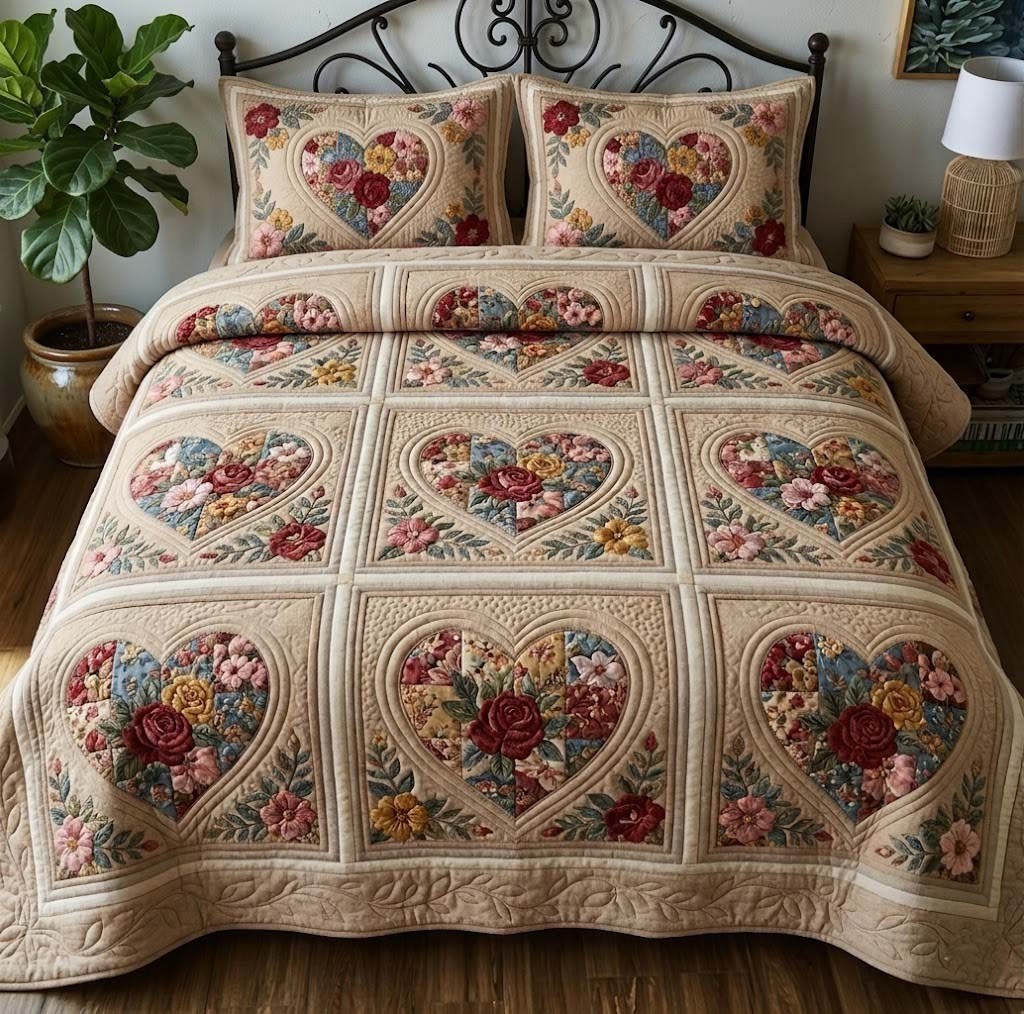 Flower Patchwork quilted 3-piece bedding set on a made bed in a farmhouse bedroom