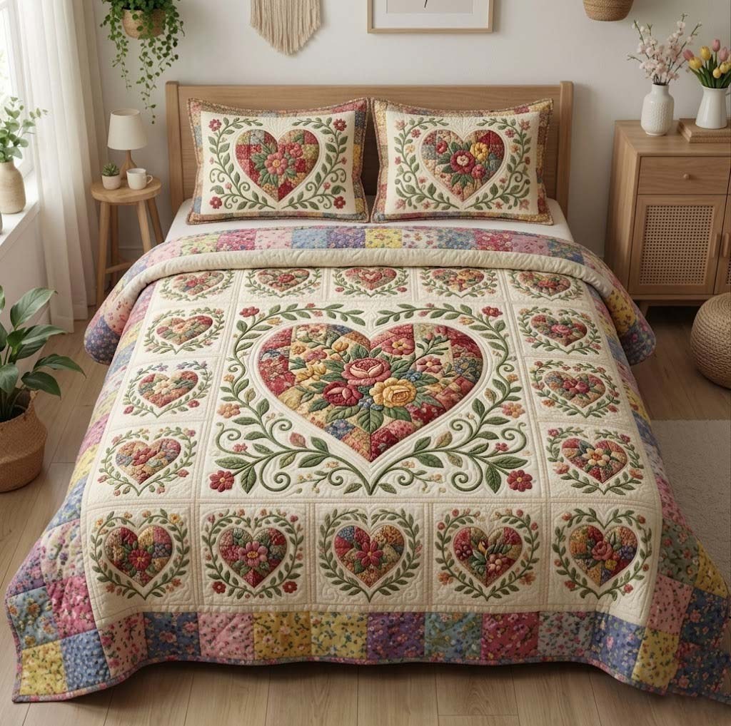 Flower Patchwork quilted 3-piece bedding set on a made bed in a farmhouse bedroom
