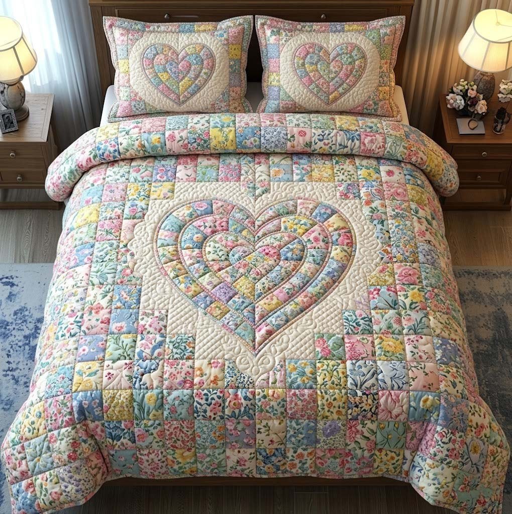 Flower Patchwork quilted 3-piece bedding set on a made bed in a farmhouse bedroom