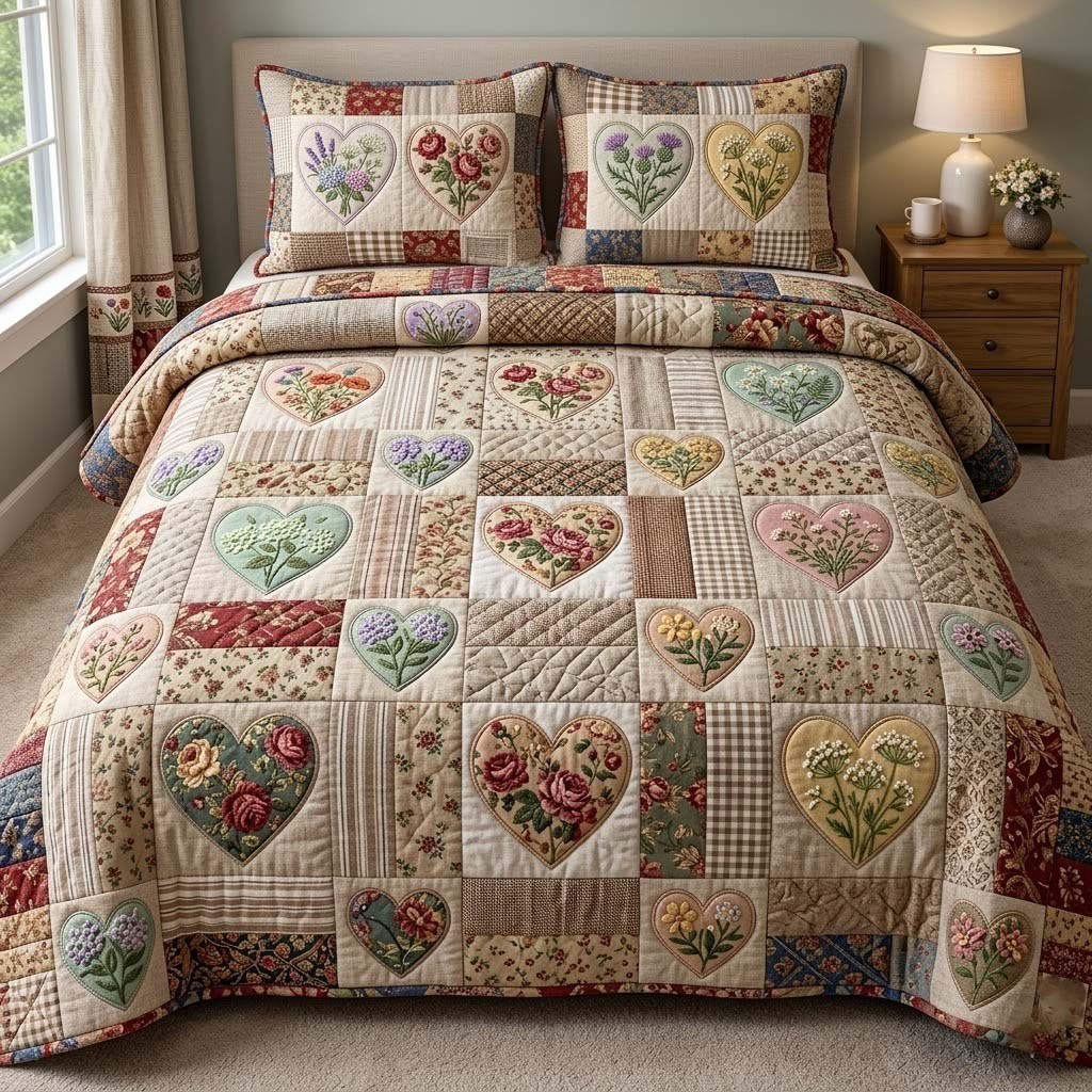 Flower Patchwork quilted 3-piece bedding set on a made bed in a farmhouse bedroom