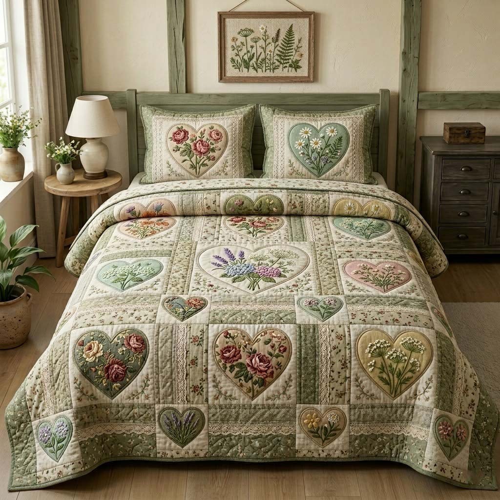 Flower Patchwork quilted 3-piece bedding set on a made bed in a farmhouse bedroom