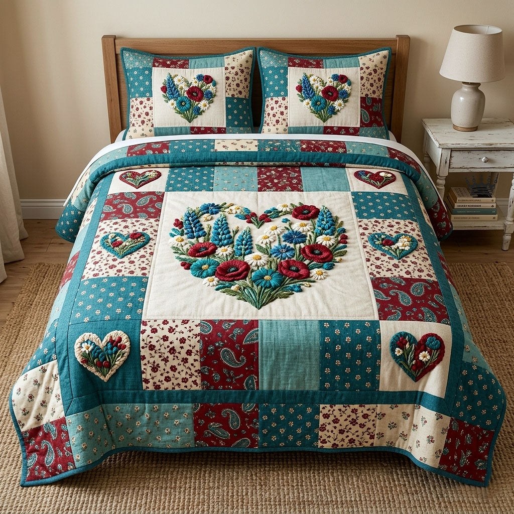 Flower Patchwork quilted 3-piece bedding set on a made bed in a farmhouse bedroom