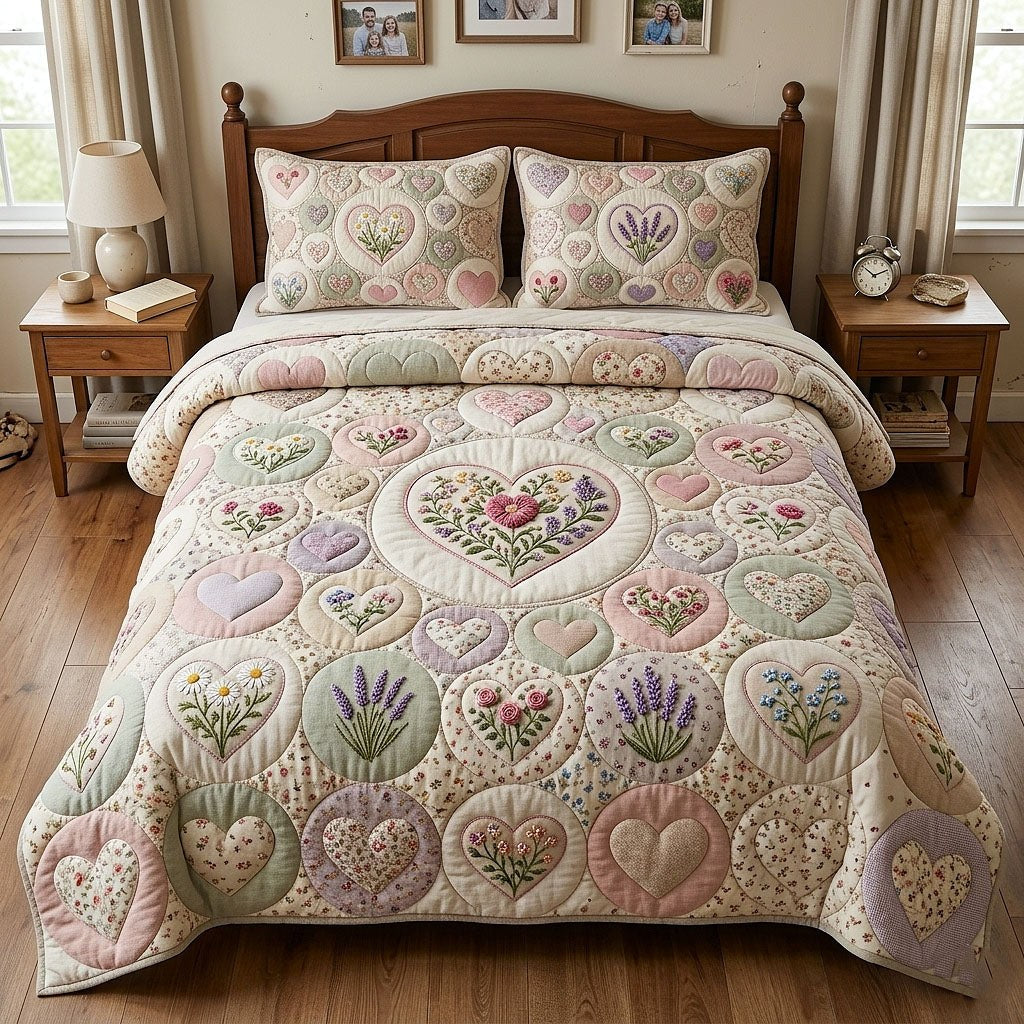 Flower Patchwork quilted 3-piece bedding set on a made bed in a farmhouse bedroom