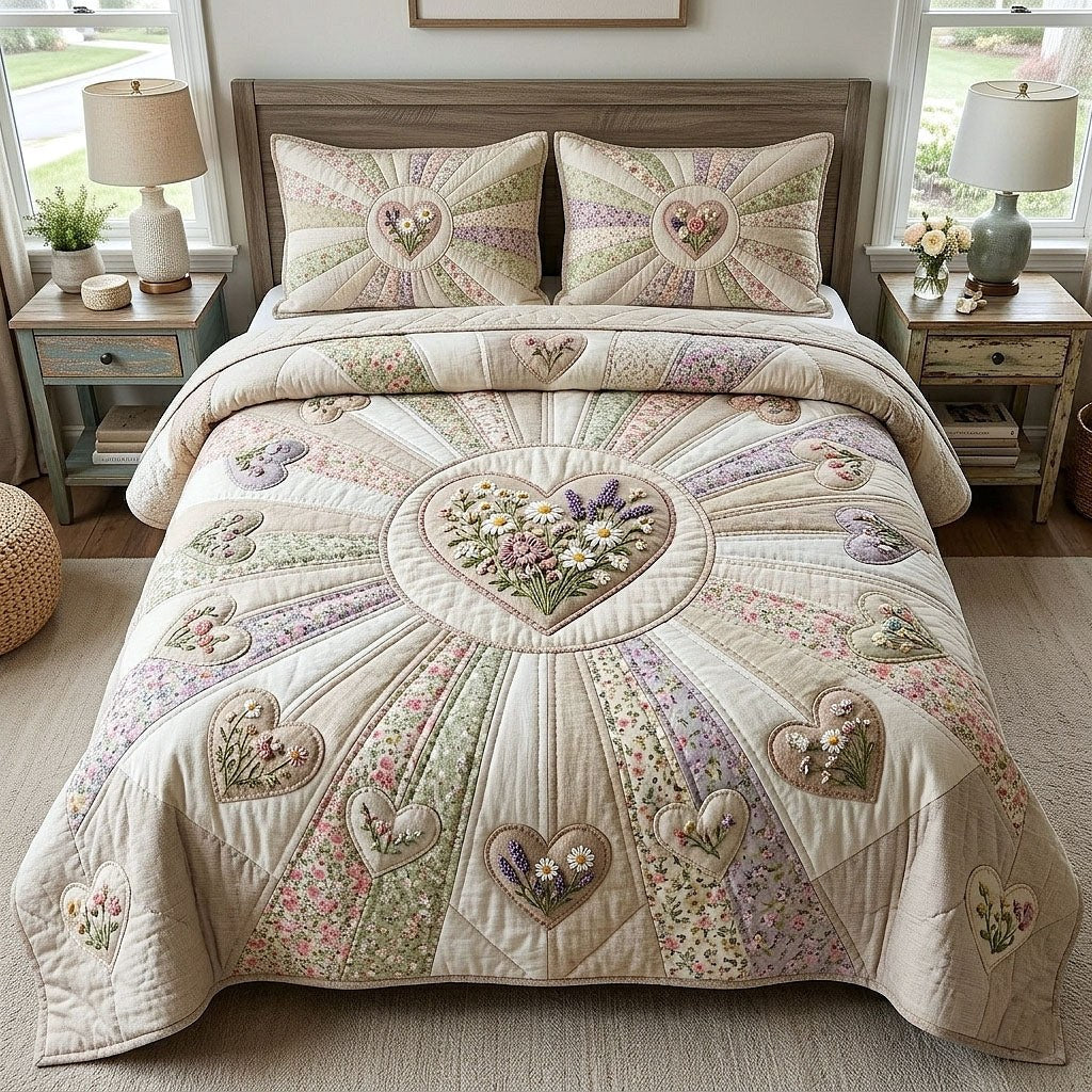 Flower Patchwork quilted 3-piece bedding set on a made bed in a farmhouse bedroom