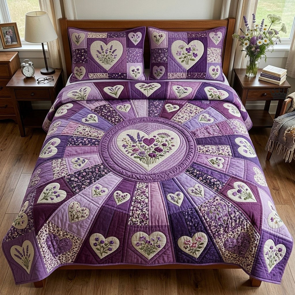 Flower Patchwork quilted 3-piece bedding set on a made bed in a farmhouse bedroom