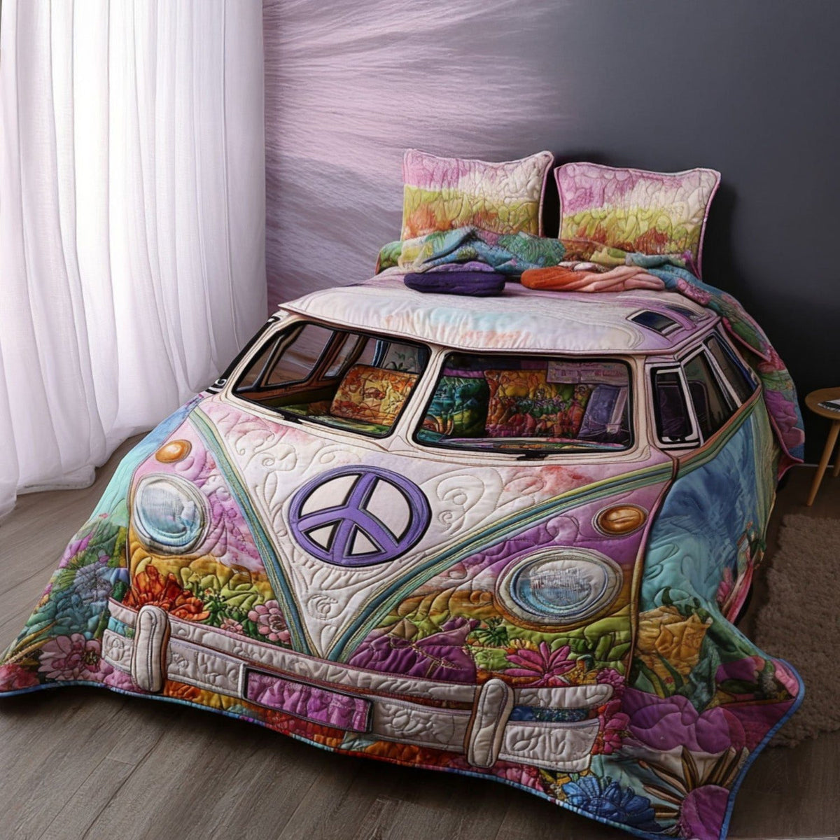 Flower Power Bliss quilted 3-piece bedding set on a made bed with two matching pillow shams