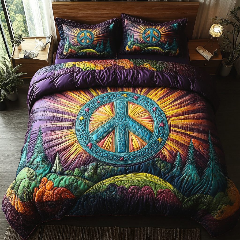 Flower Power quilted 3-piece bedding set on a made bed with two matching pillow shams