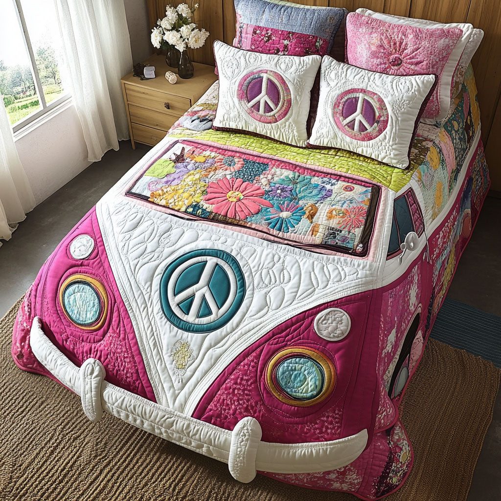 Flower Power Van quilted 3-piece bedding set on a made bed with two matching pillow shams