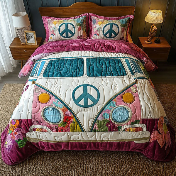 Flower Ride White quilted 3-piece bedding set on a made bed with two matching pillow shams