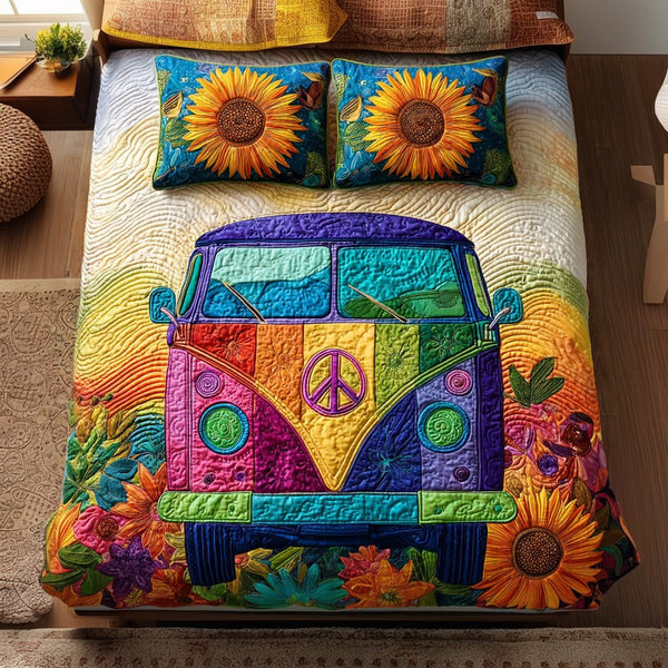 Flower Wheels quilted 3-piece bedding set on a made bed with two matching pillow shams