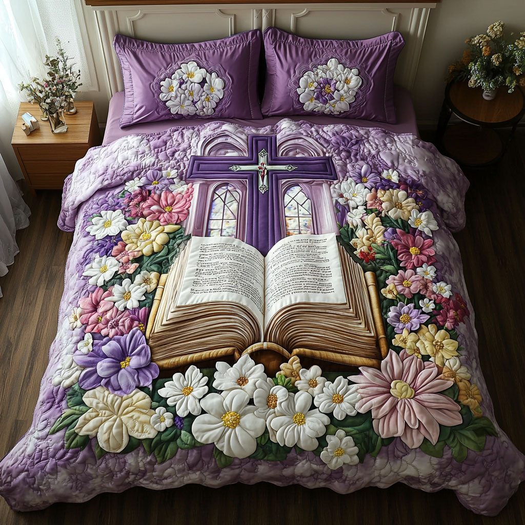 Flowered Cross quilted 3-piece bedding set on a made bed in a softly lit bedroom