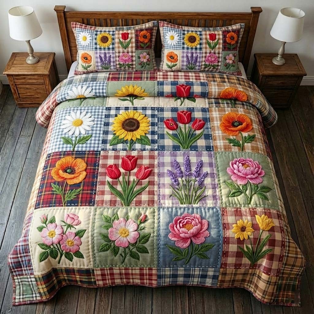 Flowers Patchwork quilted 3-piece bedding set on a made bed in a farmhouse bedroom