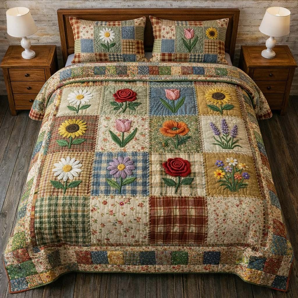 Flowers Patchwork quilted 3-piece bedding set on a made bed in a farmhouse bedroom