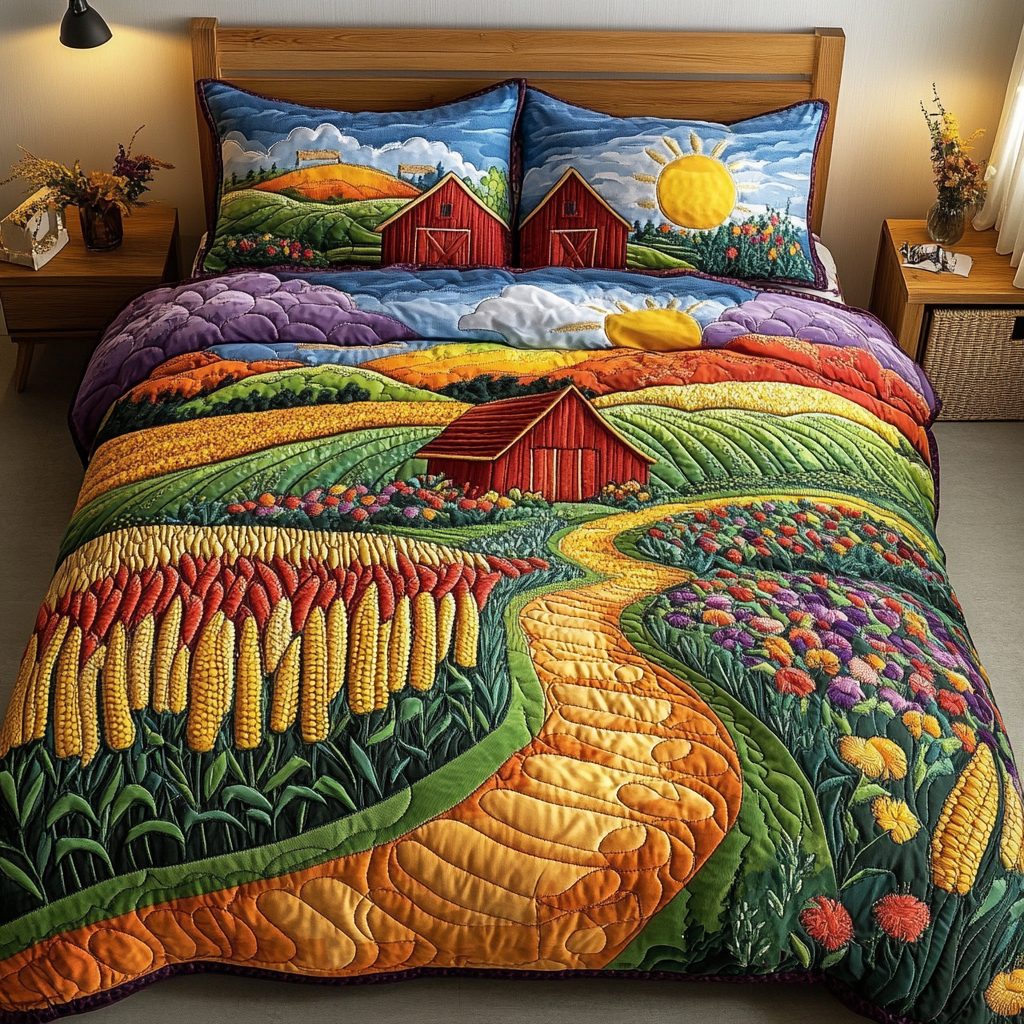 Flowery Pathway View quilted 3-piece bedding set on a made bed with two matching pillow shams
