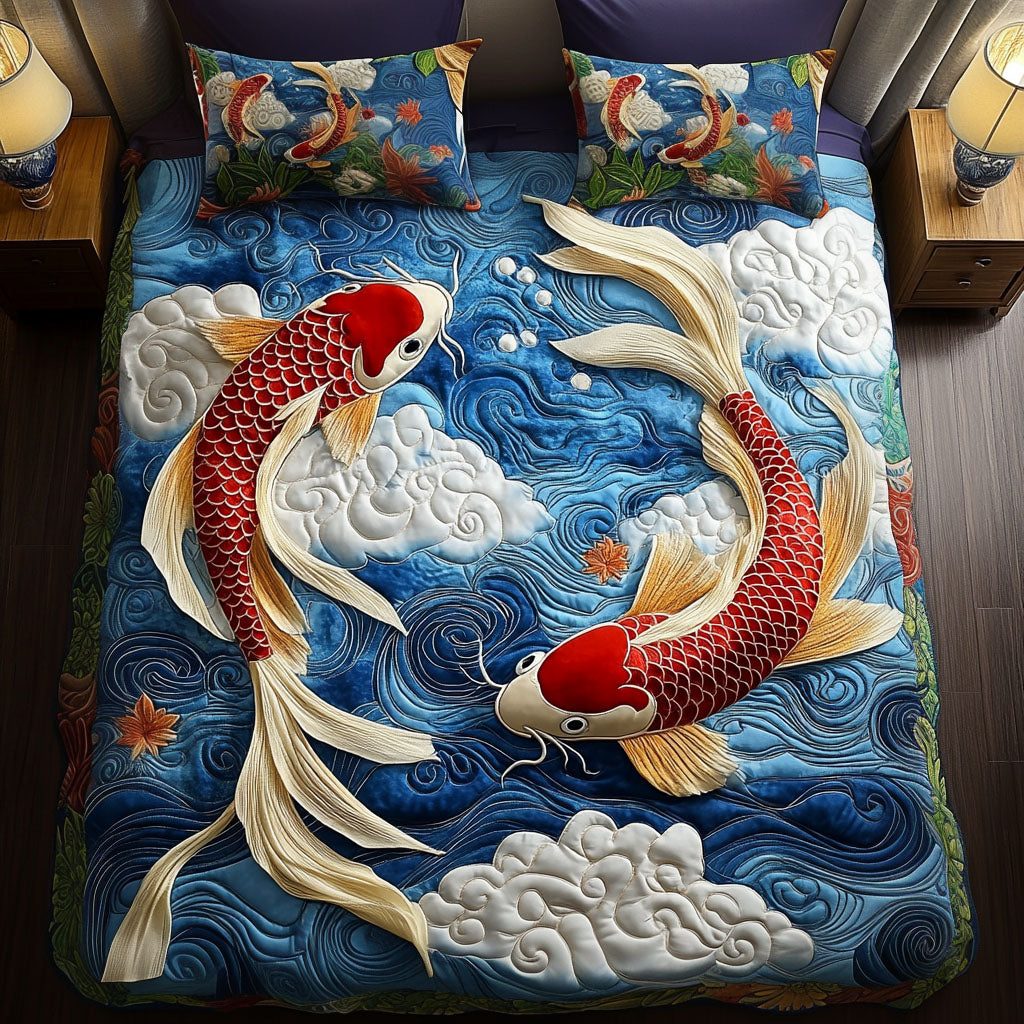Flowing Koi quilted 3-piece bedding set on a made bed with two matching pillow shams