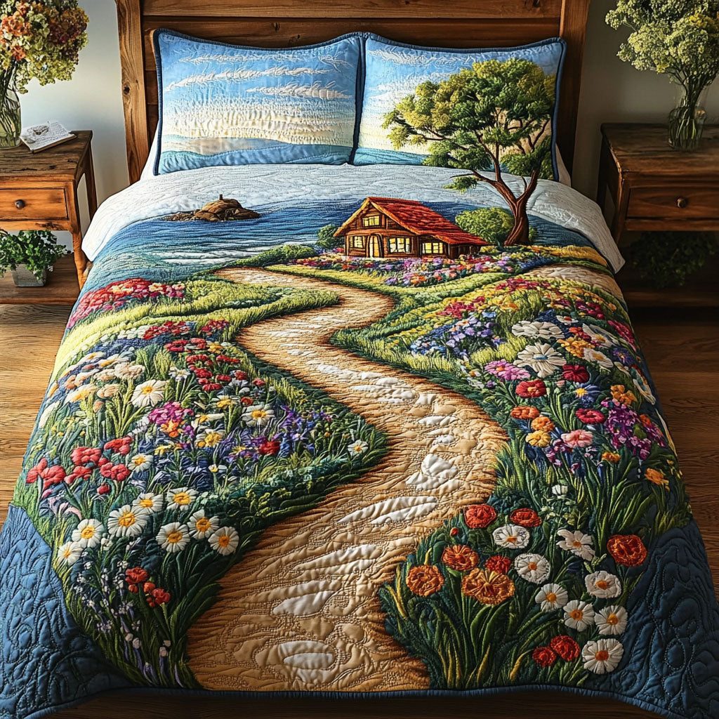 Flowing Tranquility quilted 3-piece bedding set on a made bed with two matching pillow shams